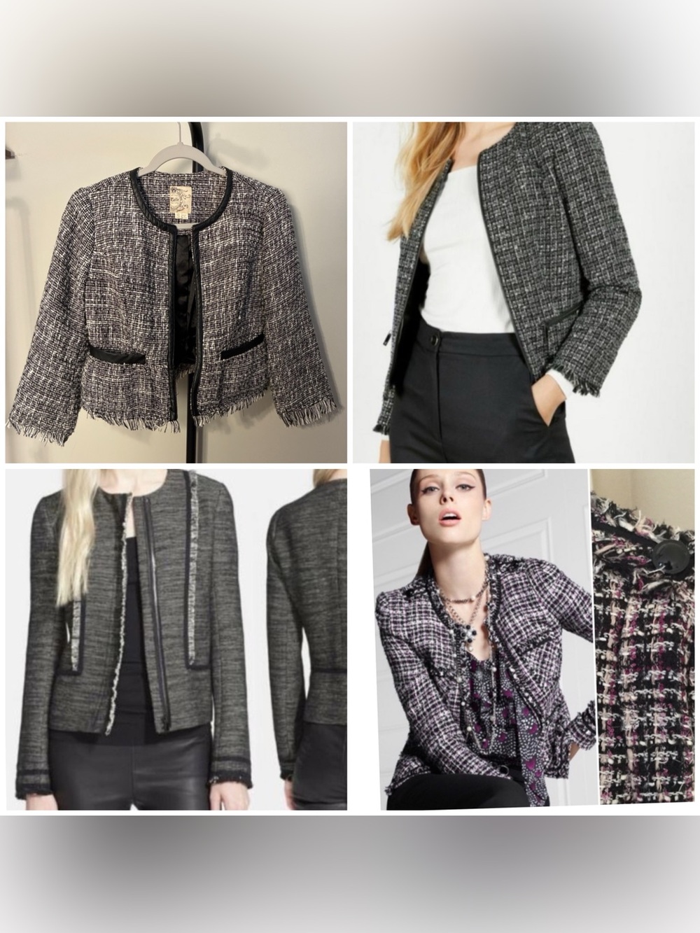 Tulle Blazer Black White Tweed‎ Boucle Fringe Jacket Faux Leather Trim Small S
